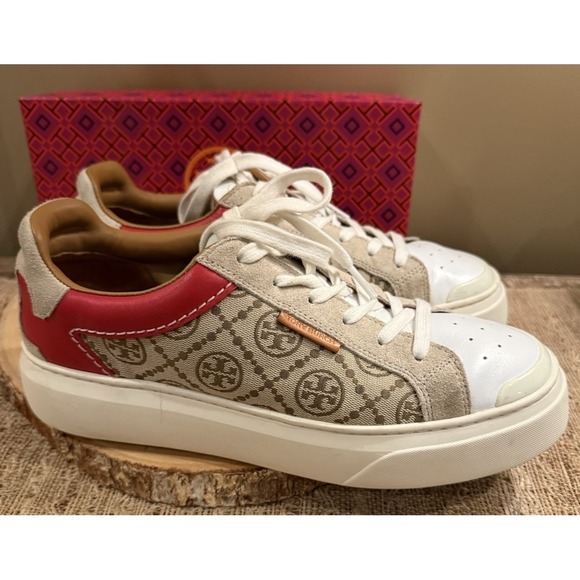 Tory Burch Logo Monogram Hazel T Ladybug Jaquard Leather Sneaker Tory Red S-10 - Picture 6 of 16